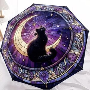 🆕️☔️🐈‍⬛️PURPLE CAT & MOON MOSAIC COMPACT UMBRELLA🐈‍⬛️☔️